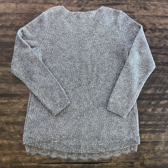 Chicos Sz 2/L Samantha Shine Womens V-Neck Sweater Gray Silver Sequins Lace Hem - Picture 4 of 14